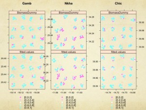 Fig. 4. Measured and predicted biomass for three examples sites (Gamb=Gambissa in Zimbabwe; Nkha= Nkhata Bay in Malawi; and Chic=Chica-b in Mozambique).