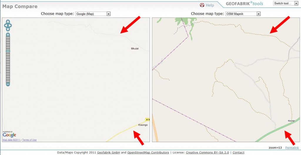 Comparison Map. Before AfSIS starting working in the Kisongo, Musa, and Mateves wards, just west of Arusha, Tanzania, these two maps looked very similar. AfSIS was able to contribute the dotted brown lines that represent previously unrecorded dirt roads.